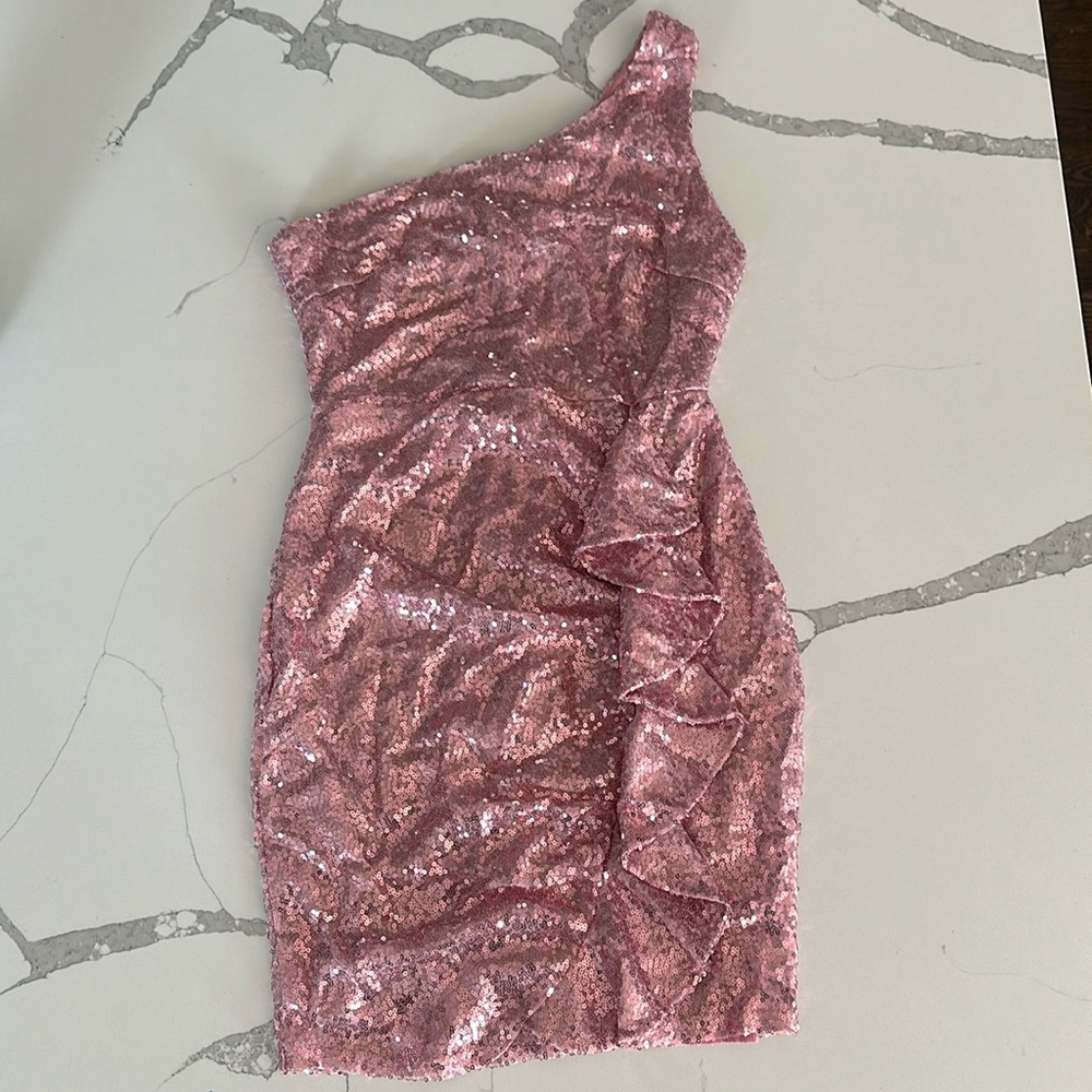 Pink sequin one strap hoco dress